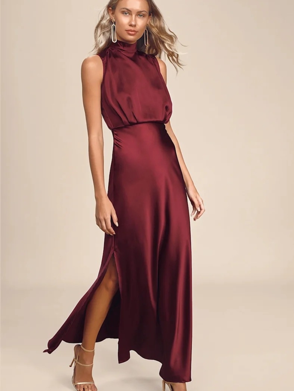Lulu's -
Classic Elegance Wine Satin Maxi Dress